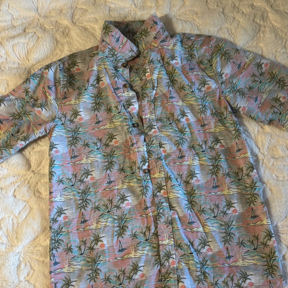 Palm Print Button-Up Shirt in Mint, Coral & Yellow